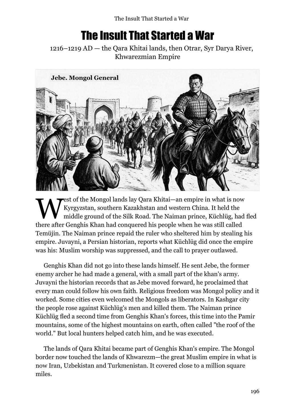 Genghis Khan page 196: chapter opening, The Insult That Started a War, with a labelled character plate introducing Jebe, Mongol General