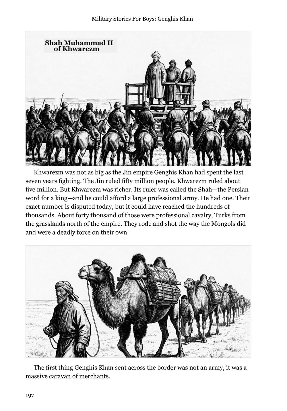 Genghis Khan page 197: a labelled character plate of Shah Muhammad II of Khwarezm reviewing his cavalry, above the merchant caravan setting out