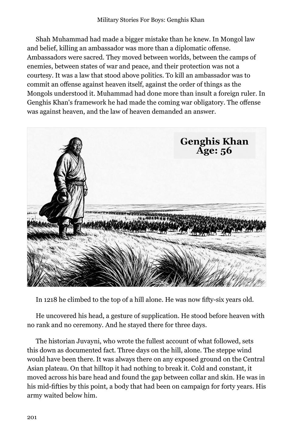 Genghis Khan page 201: a plate labelled Genghis Khan, Age 56 &mdash; the khan alone on a hilltop with his army waiting on the plain below