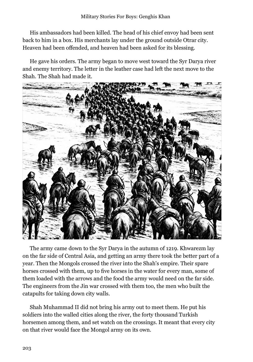 Genghis Khan page 203: the Mongol army fording the Syr Darya river into Khwarezm with its spare horses