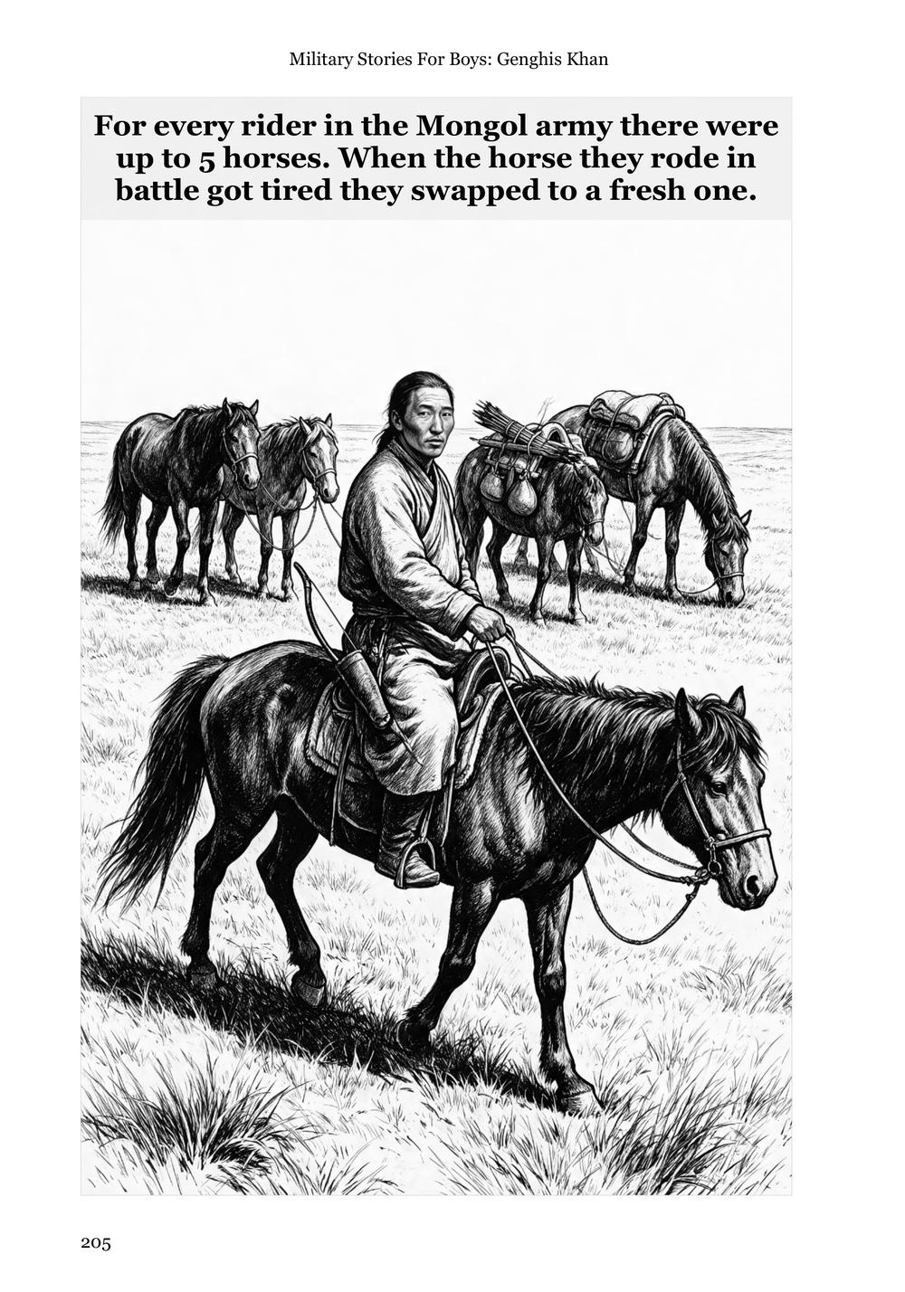 Genghis Khan page 205: a full-page plate of one rider leading his string of five horses, captioned with why every Mongol rode with spares