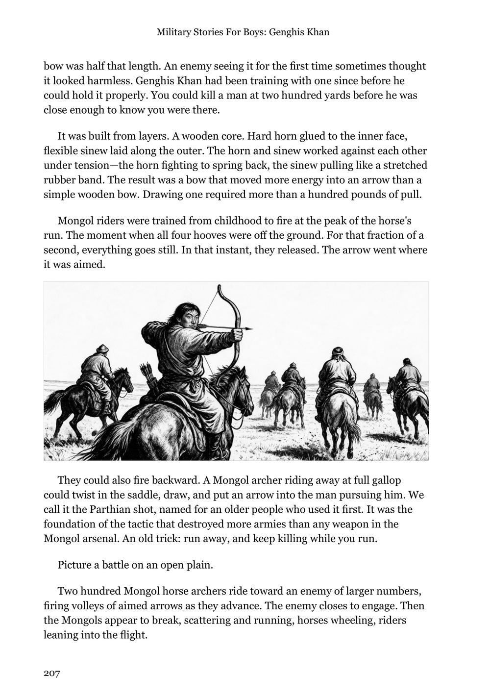 Genghis Khan page 207: Mongol horse archers at the gallop, and the page explaining the shot fired backwards over the saddle
