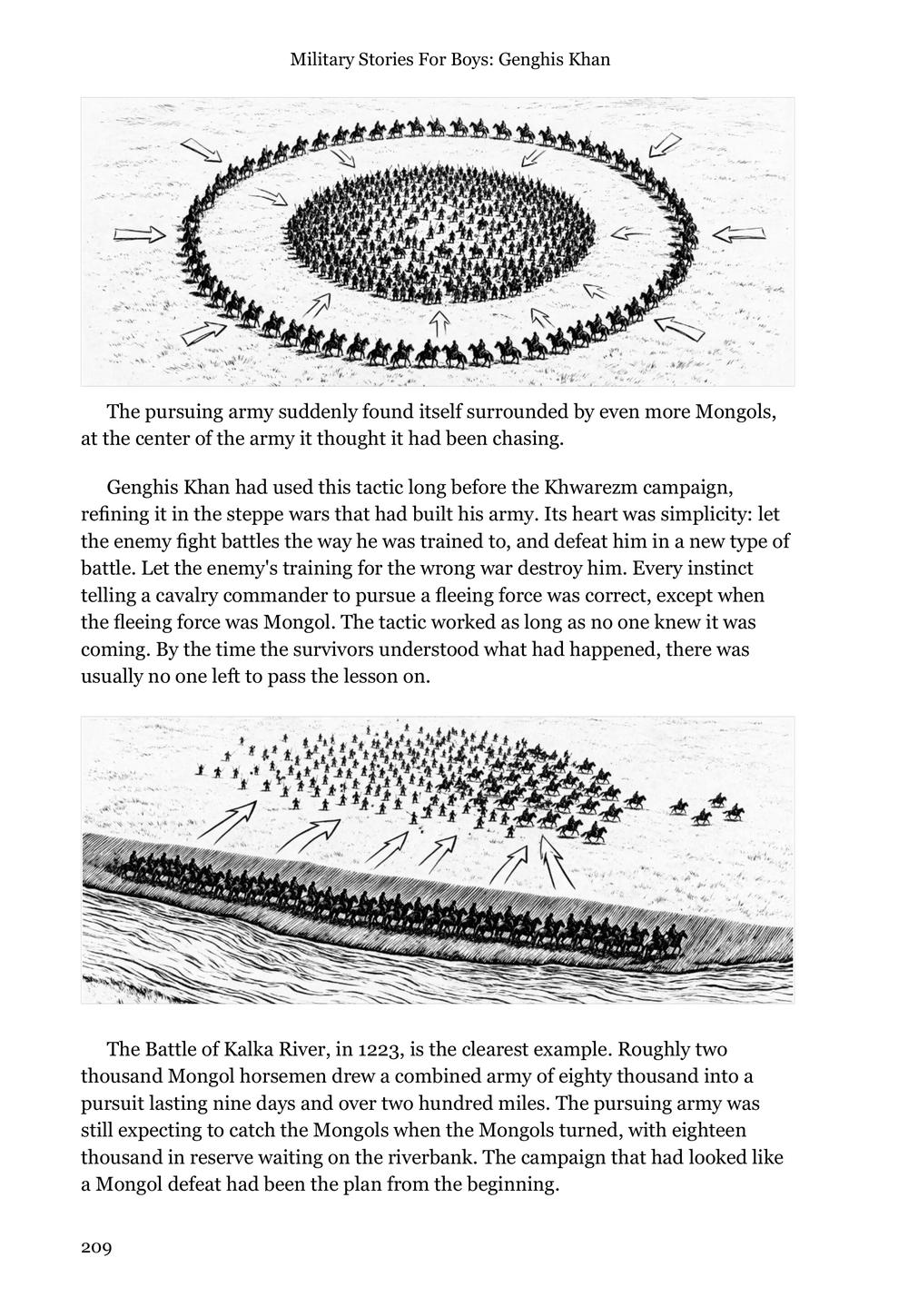 Genghis Khan page 209: two wordless tactical diagrams &mdash; the pursuing army encircled, and the trap sprung at the Kalka River