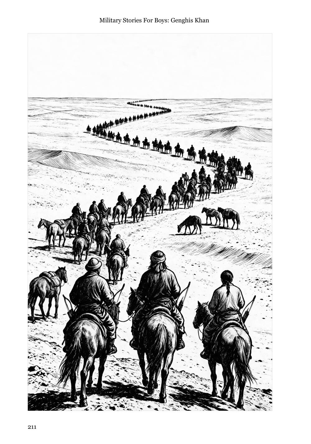 Genghis Khan page 211: a full-page plate of the Mongol column winding out across the Kyzyl Kum desert