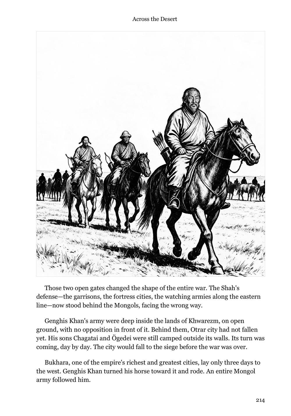 Genghis Khan page 214: Genghis Khan riding at the head of his army toward Bukhara