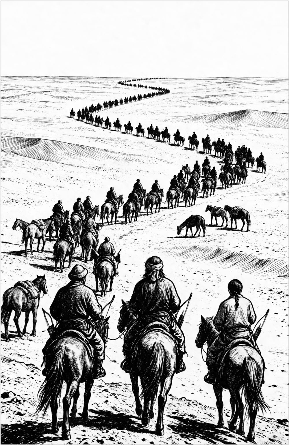Full-page pen-and-ink plate: the Mongol column winding away across the Kyzyl Kum desert