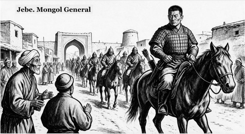 Labelled character plate: Jebe, Mongol General, riding into a captured city