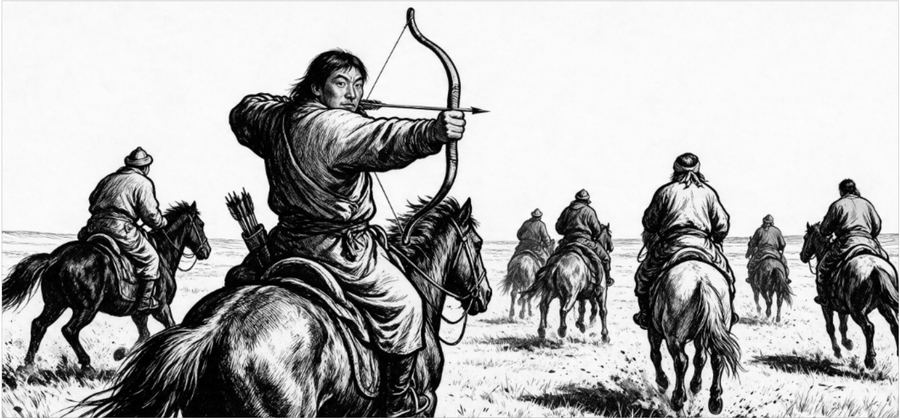 Mongol horse archers at a gallop, one twisting in the saddle to shoot behind him